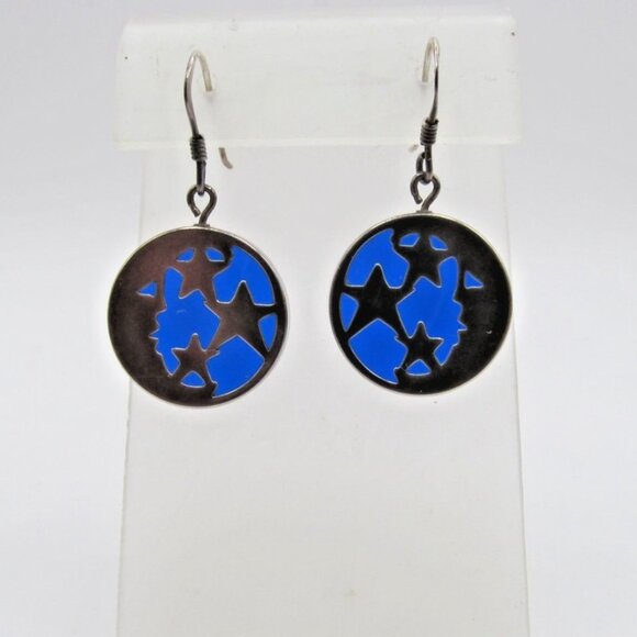 Sterling Silver Celestial Half Moon and Stars Blue Glass Pierced Earrings - Picture 7 of 12